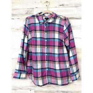 Talbots Womens L Petite Multicolor Plaid Cotton Button Up Shirt Lightweight NEW